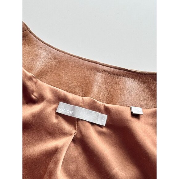 VINCE Saddle Brown Lamb Leather Zip Front Minimalist Collarless Jacket, Size S - Picture 14 of 16